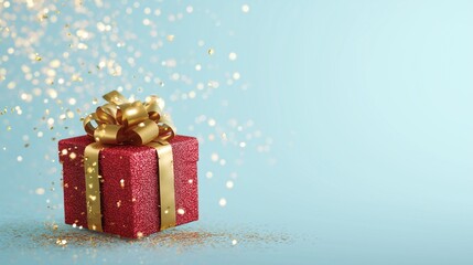 Red gift box with golden bow floating on light blue background surrounding sparkling golden glitter. Celebration, present, luxury packaging, festive design, elegant composition, special occasion.