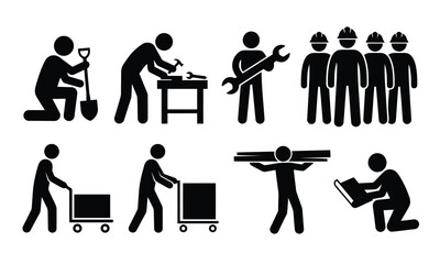 Construction team with tools and materials silhouette set &ndash; digging, carpentry, transport and planning