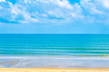 Panorama of clear sky and summer sea water background for summer vacation concept.with sunlight of beautiful cloudy blue sky with white altocumulus clouds.with	