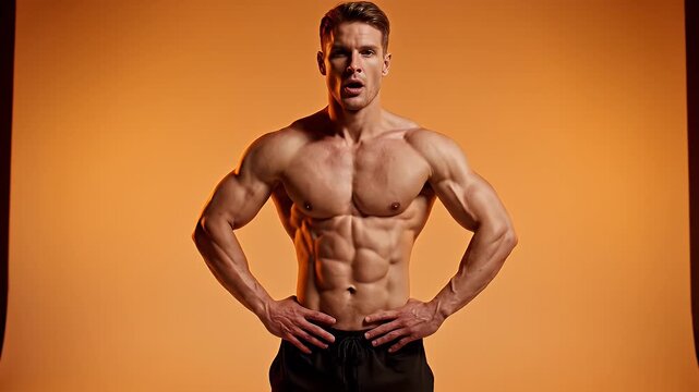Muscular Man Posing - A well-built man with defined abs and biceps poses against an orange background, showcasing his physique. He is wearing dark shorts and has his hands on his hips.