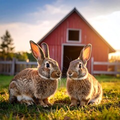 Obraz premium Two rabbits sit in a sunlit field, red barn in background
