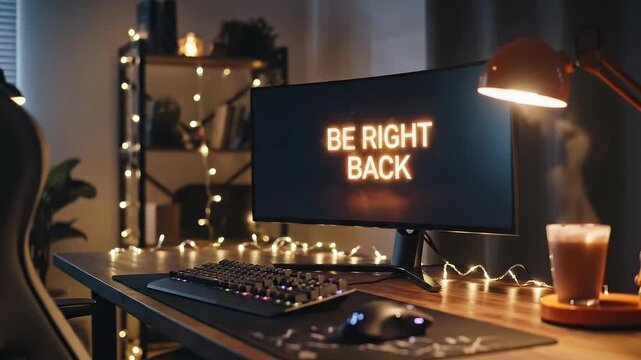 Cozy Home Streaming Setup: Monitor Displaying 'BE RIGHT BACK' Message with Warm Ambiance