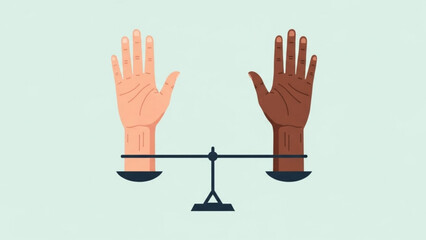 Two hands one light-skinned and one dark-skinned balanced on a scale symbolizing equality and justice flat vector illustration for social awareness
