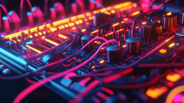 Neon DJ Mixer, Studio, Cables, Glowing, Music, Party, Abstract, Technology, Background, Design