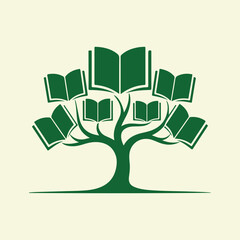 Green tree illustration with open book leaves representing knowledge growth and educational development