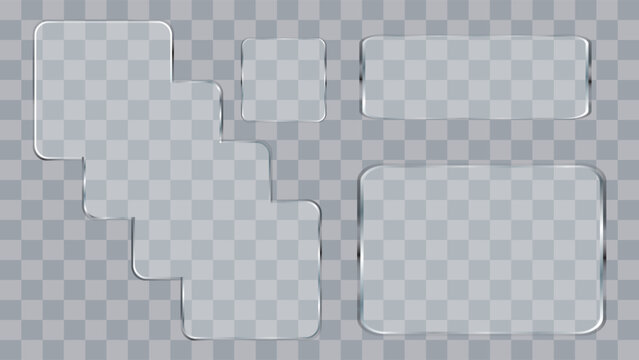 Set of various transparent glass or acrylic panels with rounded corners and subtle shadows on a checkered background, ideal for graphic design elements.