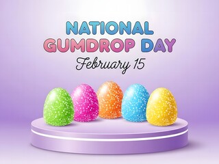 National Gumdrop Day February 15 Background with Colorful Gumdrops on Podium, Sweet Candy Celebration Concept
