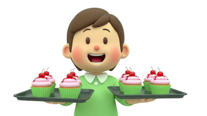 Happy Child Holding Trays of Cherry Cupcakes