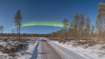 Northern Lights arch over snowy road, winter forest