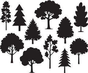 Tree Silhouettes Set Black Vector Collection Forest Pine Broadleaf Nature Icons Pack, black and white silhouette, vector and illustration	