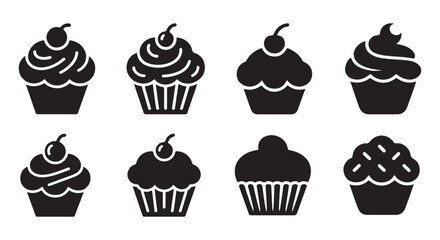 Cupcake Icons Set. Sweet Desserts Collection, Vector Graphics with Cherry Topping.