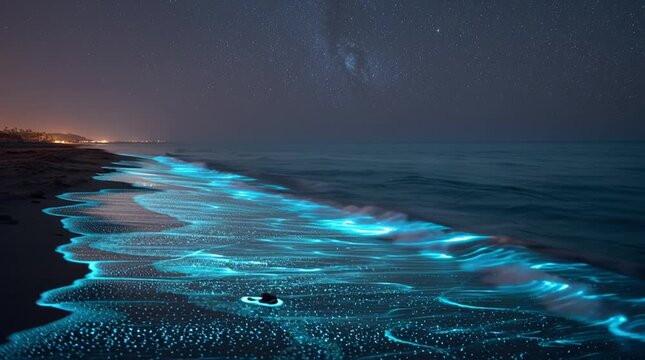Glowing bioluminescent plankton illuminate beach at night creating magical ocean wonder with electric blue light