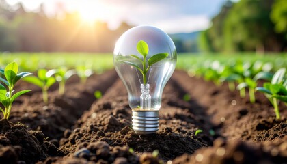 A conceptual visual metaphor showing a light bulb growing from fertile soil