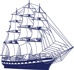 Detailed blue line drawing of a majestic tall ship with multiple masts and full sails, depicting a classic sailing vessel.