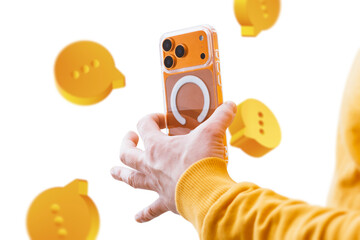 Man hand holding modern smartphone with floating chat message icons on white background. Concept of social media communication, online messaging, mobile app, digital interaction and user engagement.