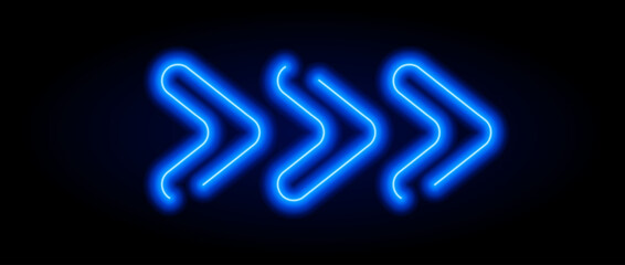 Blue neon arrow element. Glowing led direction sign. Shine tube lamps in arrowhead shape. Bright luminous fluorescent pointer effect for banner, poster, logo. Vector neon led light illustration