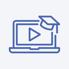 Linear blue laptop icon with play button and graduation cap for online education platforms