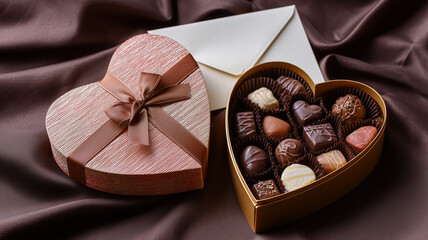 Open heart shaped box of assorted chocolates on brown fabric background