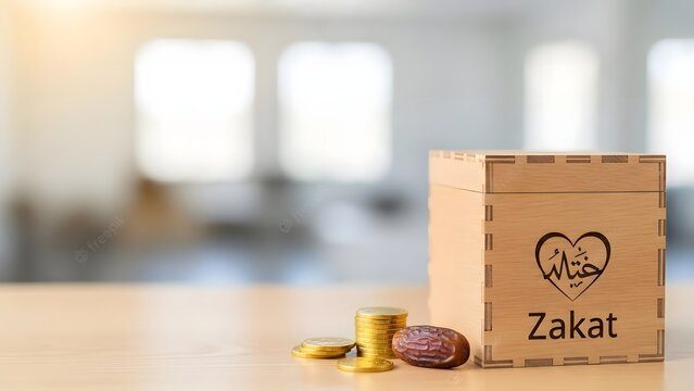 Wooden zakat box with gold coins and dates on table