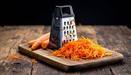 Close-up of carrots being grated on a wooden cutting board with a metal grater, against a dark background