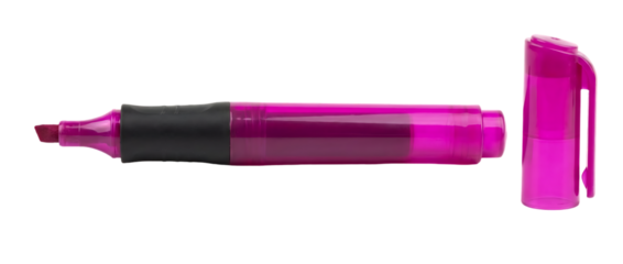 A pink highlighter with black grip and cap on transparent background high quality professional detailed modern elegant stylish clean crisp vibrant