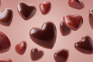 Fototapeta premium Chocolate hearts floating in air on pink background for valentines day