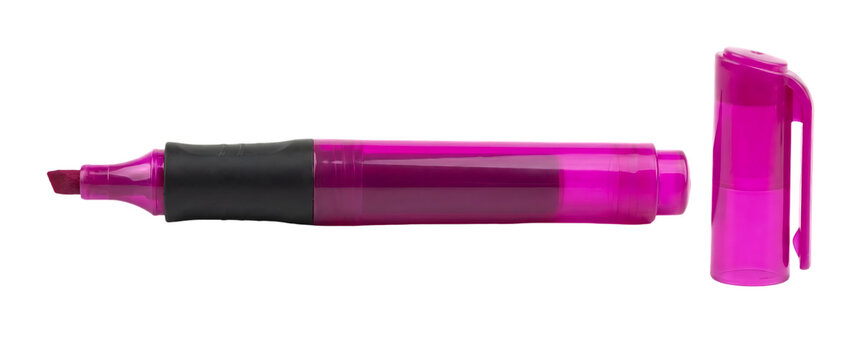 A pink highlighter with black grip and cap on transparent background high quality professional detailed modern elegant stylish clean crisp vibrant