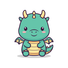 Obraz premium Cute cartoon dragon character with yellow horns and wings on white background