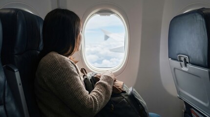 Young woman enjoying her airplane journey, looking out a window at the clouds high above, experiencing travel, flight, adventure, and solitude during air transport