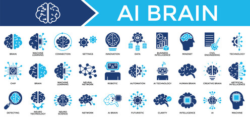 Obraz premium Ai Brain icon set collection. Containing organ, mind, think, intelligence, touch, brain, knowledge .Solid vector icons collection