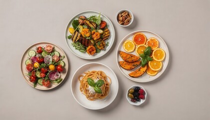 Variety of healthy meal choices featuring fresh salad, grilled vegetables, spaghetti, sweet potatoes, citrus slices, berries, and nuts on neutral background