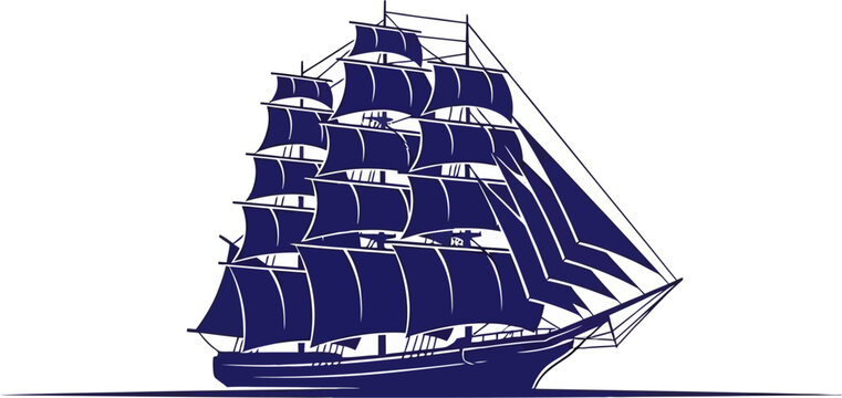 A detailed dark blue illustration of a majestic tall ship with multiple masts and full sails, evoking a sense of historical maritime travel and adventure.