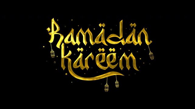 Golden ramadan kareem text animation with hanging lantern elements. Ideal for ramadan greeting cards, social media posts, posters, and banners.