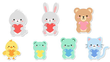 Obraz premium A set of cute, colorful animal characters holding hearts on a white background, featuring a kawaii style with elements of love and Valentine's Day, in a flat lay composition.