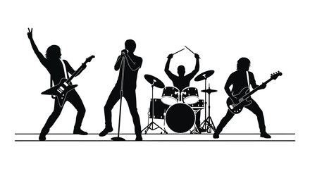 A dynamic rock band performing on stage captured in a striking black silhouette