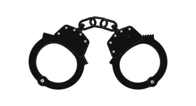 A stark depiction of black metal handcuffs visually representing restraint and legal authority silhouette