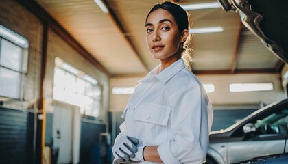 Portrait of a confident young Arab woman auto mechanic wearing gloves standing near the car.