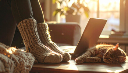 Cozy Work From Home Scene with Wool Socks and Sleeping Cat