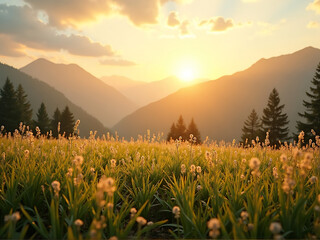 Obraz premium Realistic mountain meadow landscape at sunset, soft glowing light, warm and fresh natural mood, smooth grass textures, cinematic depth, minimalist scenery