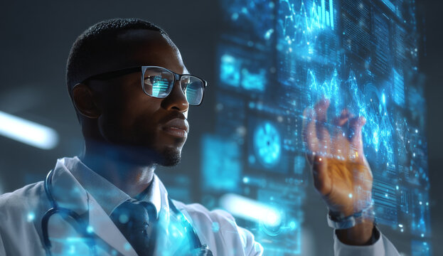 African american male doctor wearing glasses and a white medical coat analyzing digital data on a transparent futuristic touchscreen interface in a high-tech medical environment