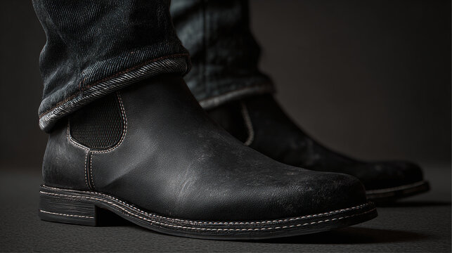 A close-up shot of a person wearing black boots and jeans, the boots showing signs of wear and tear, and jeans are folded above the boots