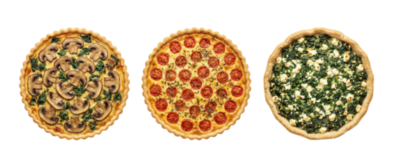 Three Delicious Quiches Variety: Mushroom, Tomato, and Spinach Feta