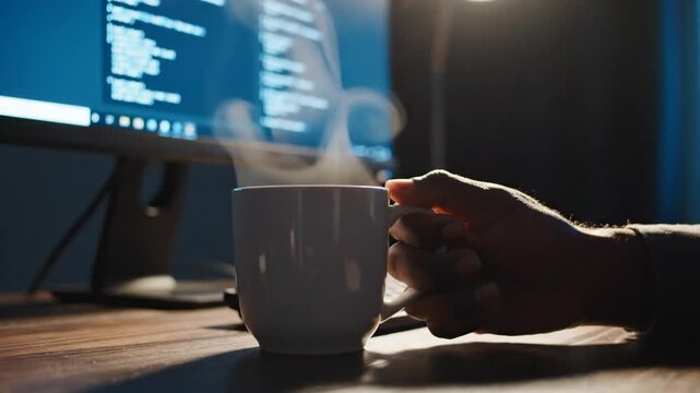 Hand resting on a mug beside a code-filled monitor, soft blue glow, steam rising in focused coding