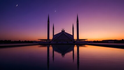 Fototapeta premium Majestic mosque silhouette at serene sunset with crescent moons