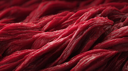 An eye-catching close-up shot of fresh, raw red meat with intricate details. The meat appears to be cut in strips, with a visible texture and rich color, which provides depth