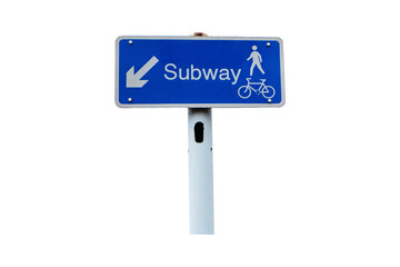 Signs blue rectangle aluminum with white letters subway, arrow and pedestrian icon isolated on cutout PNG or transparent background.  Provides directions to underground metro station sign. 