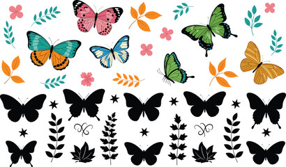 Naklejka premium Colorful butterfly vector collection with floral elements and black silhouettes for spring nature design, clipart, illustration, decorative, graphic, bundle, set
