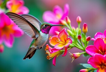 Obraz premium A graceful hummingbird hovers near vibrant blossoms, wings a blur, blur, delicate