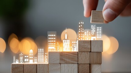 Hands assembling colorful building blocks to create a stylized cityscape illustration.