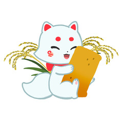 稲荷寿司を抱きしめる白狐